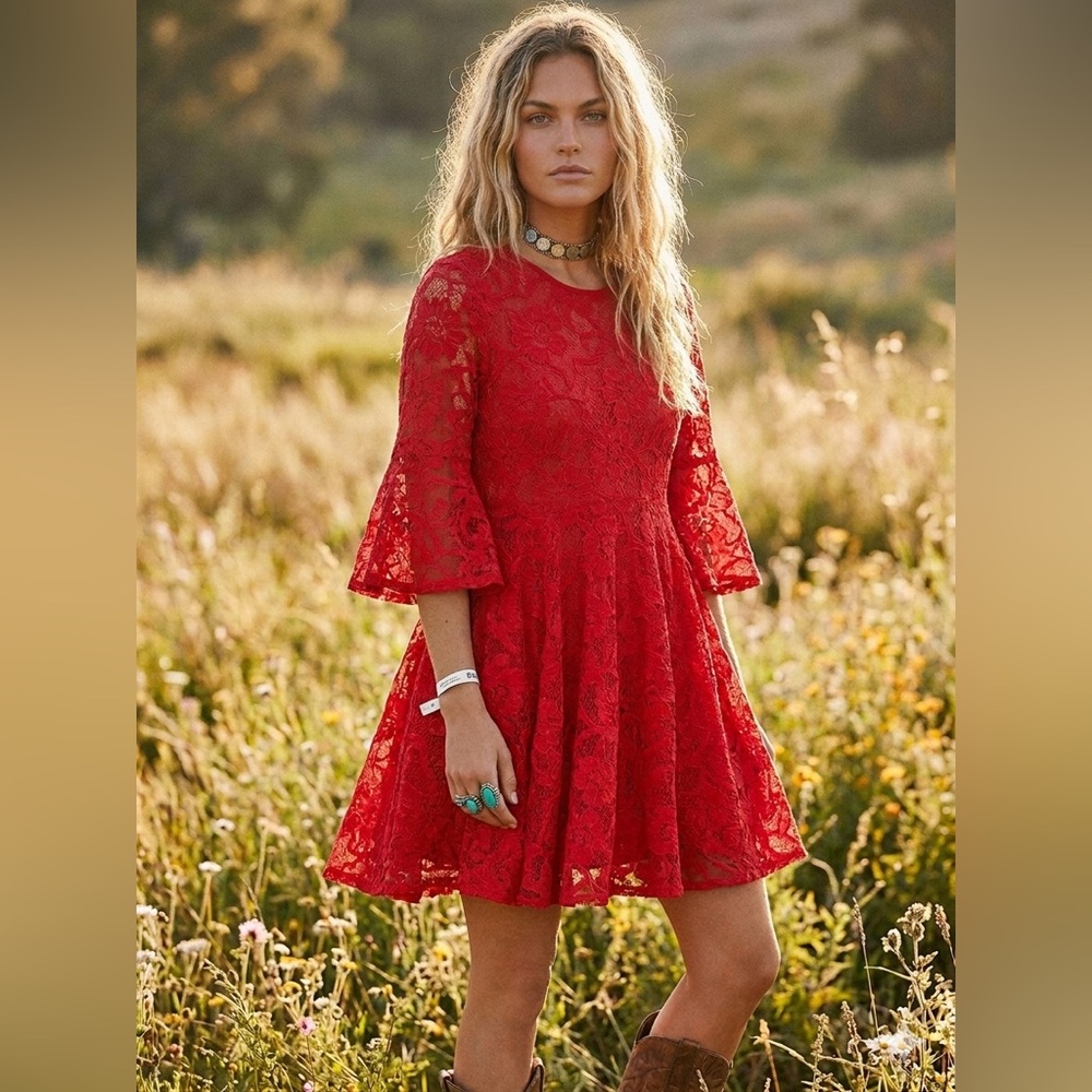 Free People NWT Le Fleur Mini Dress Lipstick Red Lace Babydoll XS Coquette